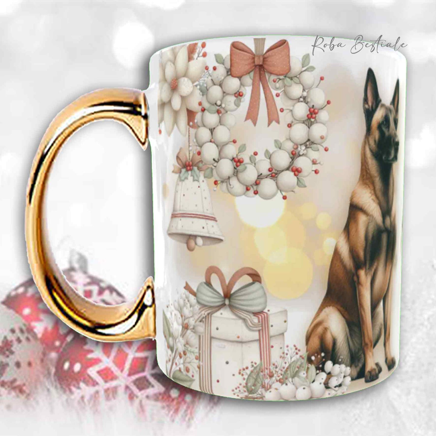 Tazza COZY WINTER - PASTORE BELGA MALINOIS - In Ceramica, con manico color Oro - 330 ml