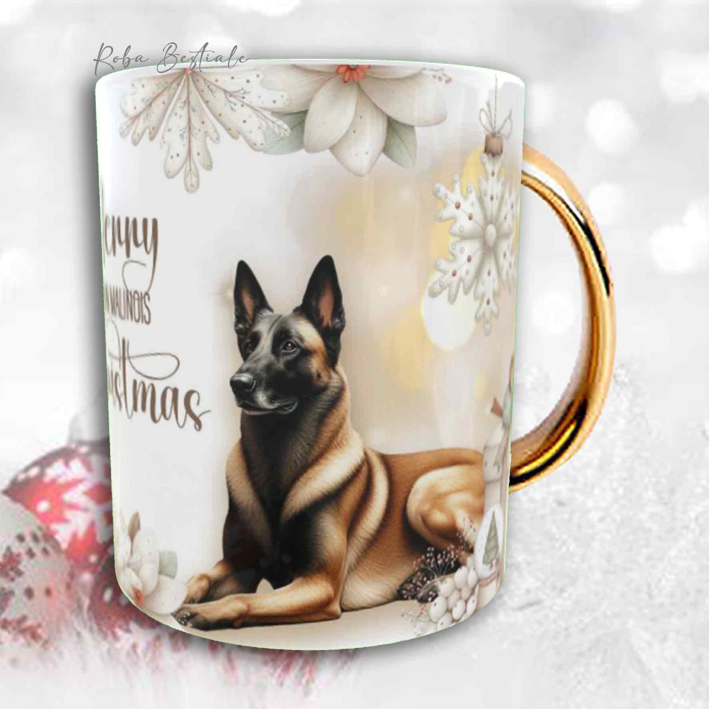 Tazza COZY WINTER - PASTORE BELGA MALINOIS - In Ceramica, con manico color Oro - 330 ml