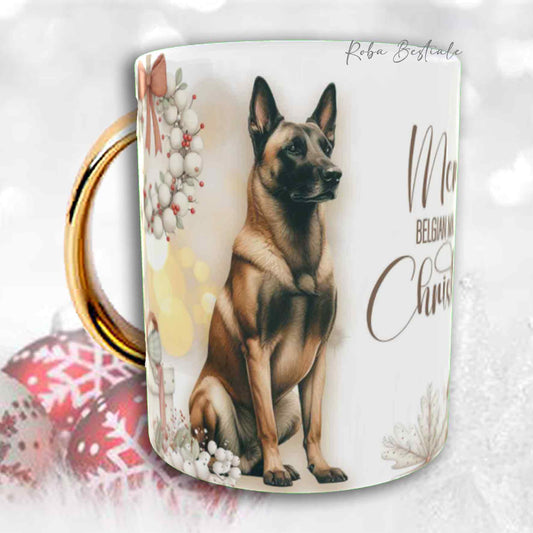 Tazza COZY WINTER - PASTORE BELGA MALINOIS - In Ceramica, con manico color Oro - 330 ml