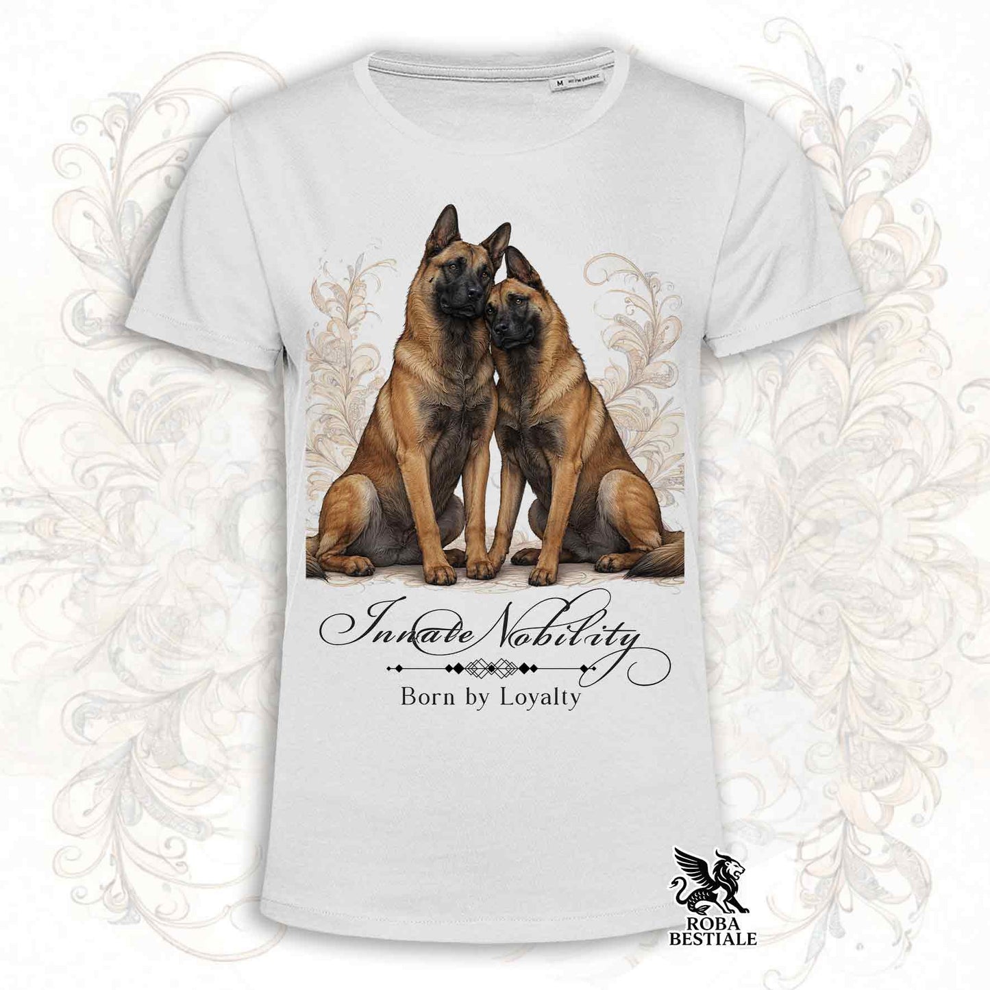 T-Shirt NOBILITY - PASTORE BELGA MALINOIS - Bianca o Beige, da Uomo o da Donna - dalla XS alla 5XL