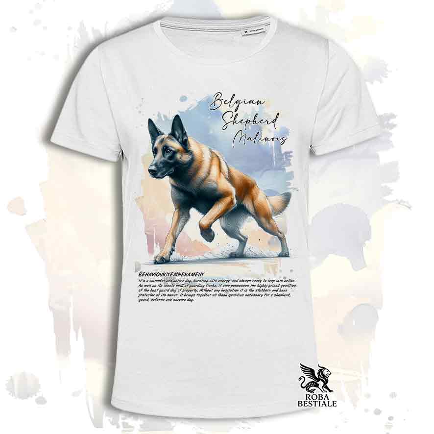 T-Shirt BEHAVIOR - PASTORE BELGA MALINOIS - Bianca o Beige, da Uomo o da Donna - dalla XS alla 5XL