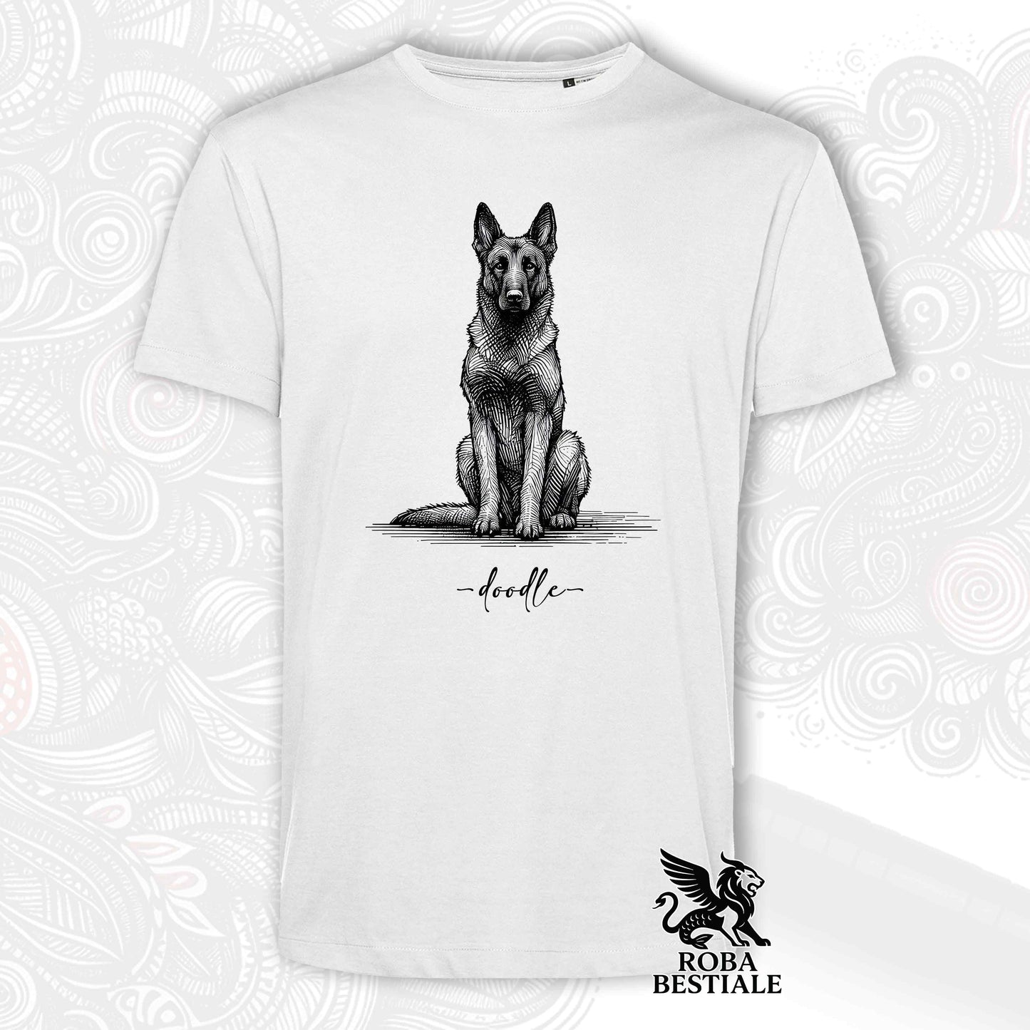 T-Shirt DOODLE - PASTORE BELGA MALINOIS - Bianca o Beige, da Uomo o da Donna - dalla XS alla 5XL