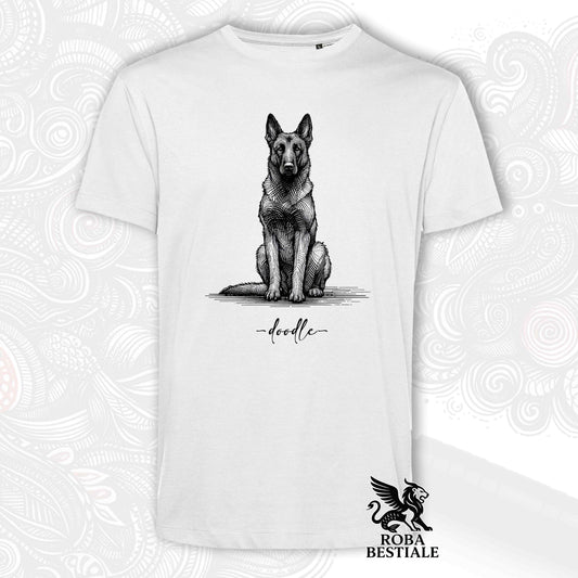 T-Shirt DOODLE - PASTORE BELGA MALINOIS - Bianca o Beige, da Uomo o da Donna - dalla XS alla 5XL