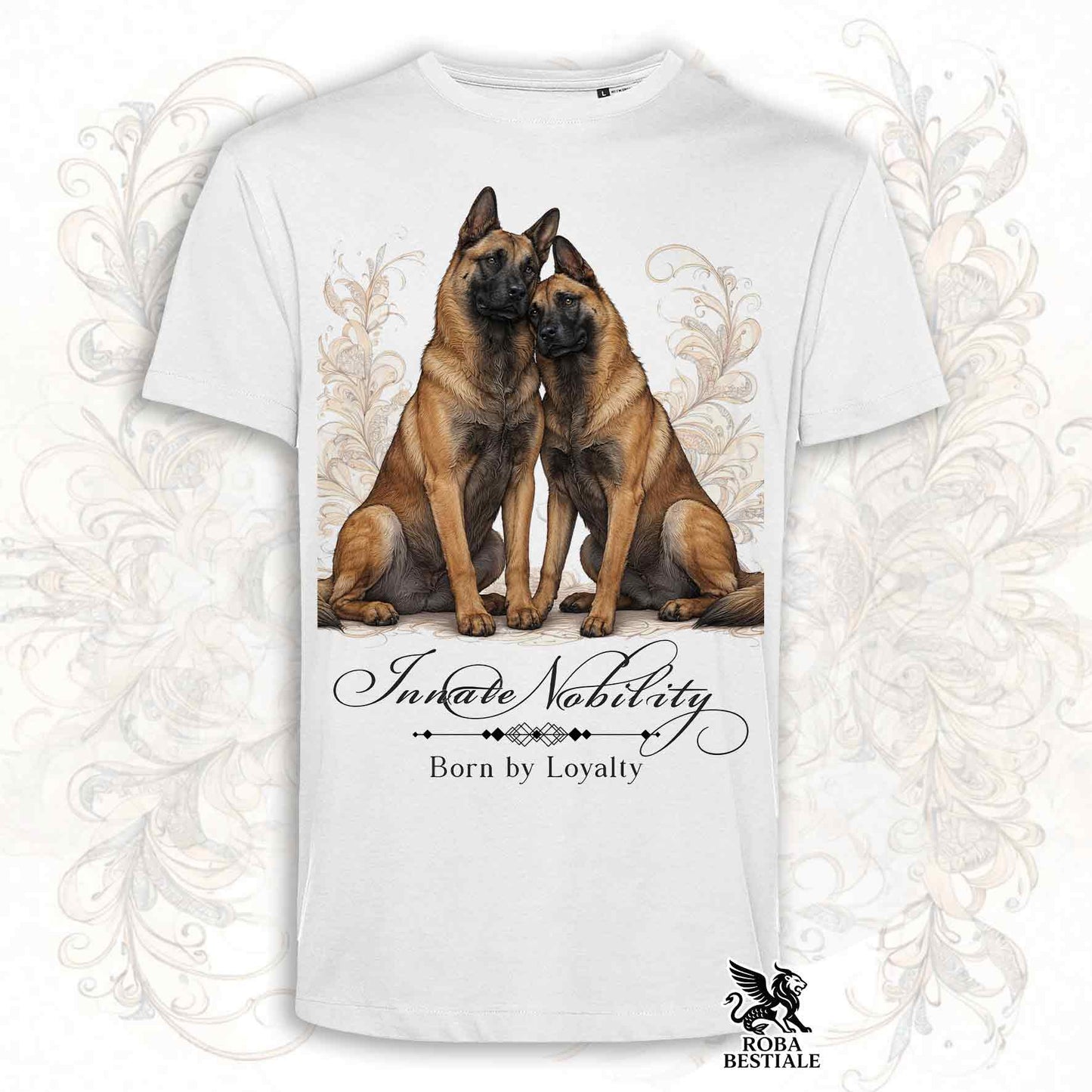 T-Shirt NOBILITY - PASTORE BELGA MALINOIS - Bianca o Beige, da Uomo o da Donna - dalla XS alla 5XL