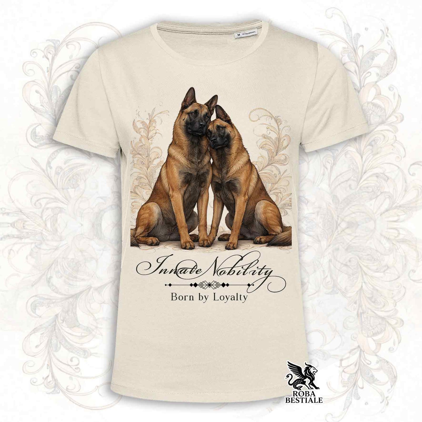 T-Shirt NOBILITY - PASTORE BELGA MALINOIS - Bianca o Beige, da Uomo o da Donna - dalla XS alla 5XL