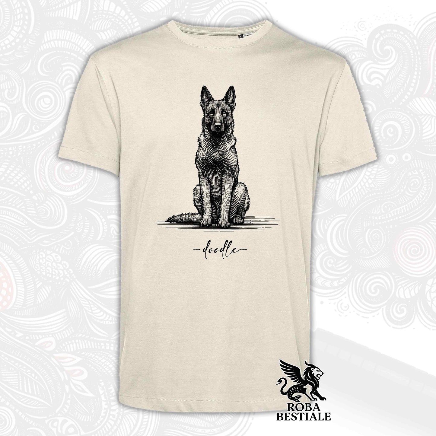 T-Shirt DOODLE - PASTORE BELGA MALINOIS - Bianca o Beige, da Uomo o da Donna - dalla XS alla 5XL