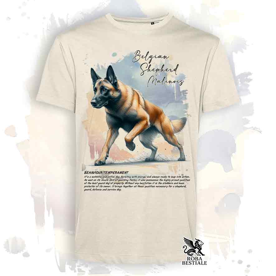 T-Shirt BEHAVIOR - PASTORE BELGA MALINOIS - Bianca o Beige, da Uomo o da Donna - dalla XS alla 5XL