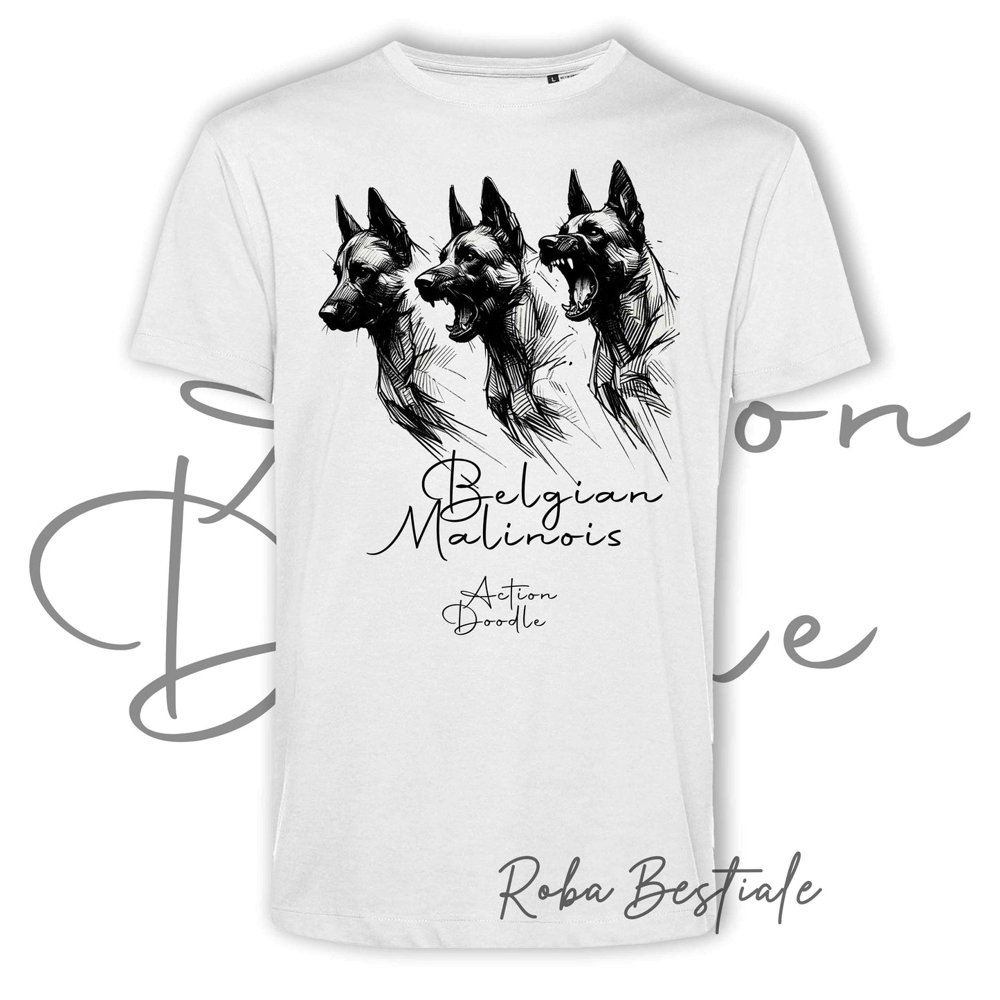 T-Shirt ACTION DOODLE - PASTORE BELGA MALINOIS 1 - 100% Cotone, Bianca, Uomo o Donna - dalla XS alla 5XL