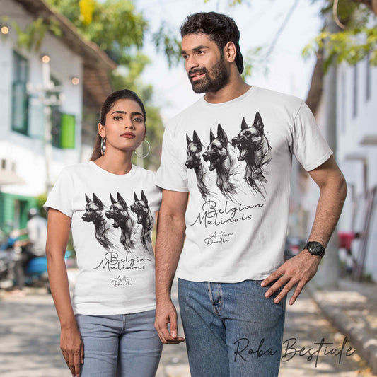T-Shirt ACTION DOODLE - PASTORE BELGA MALINOIS 1 - 100% Cotone, Bianca, Uomo o Donna - dalla XS alla 5XL