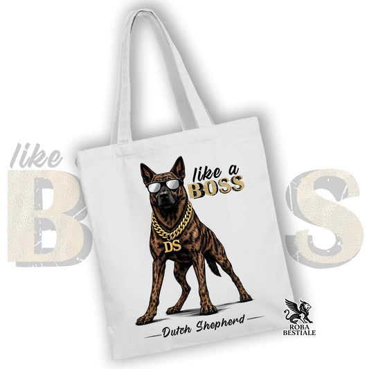 Tote Bag LIKE A BOSS - PASTORE OLANDESE a Pelo Corto - 100% Cotone - Bianca o Beige