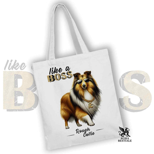 Tote Bag LIKE A BOSS - CANE DA PASTORE SCOZZESE a Pelo Lungo Fulvo Zibellino - 100% Cotone - Bianca o Beige