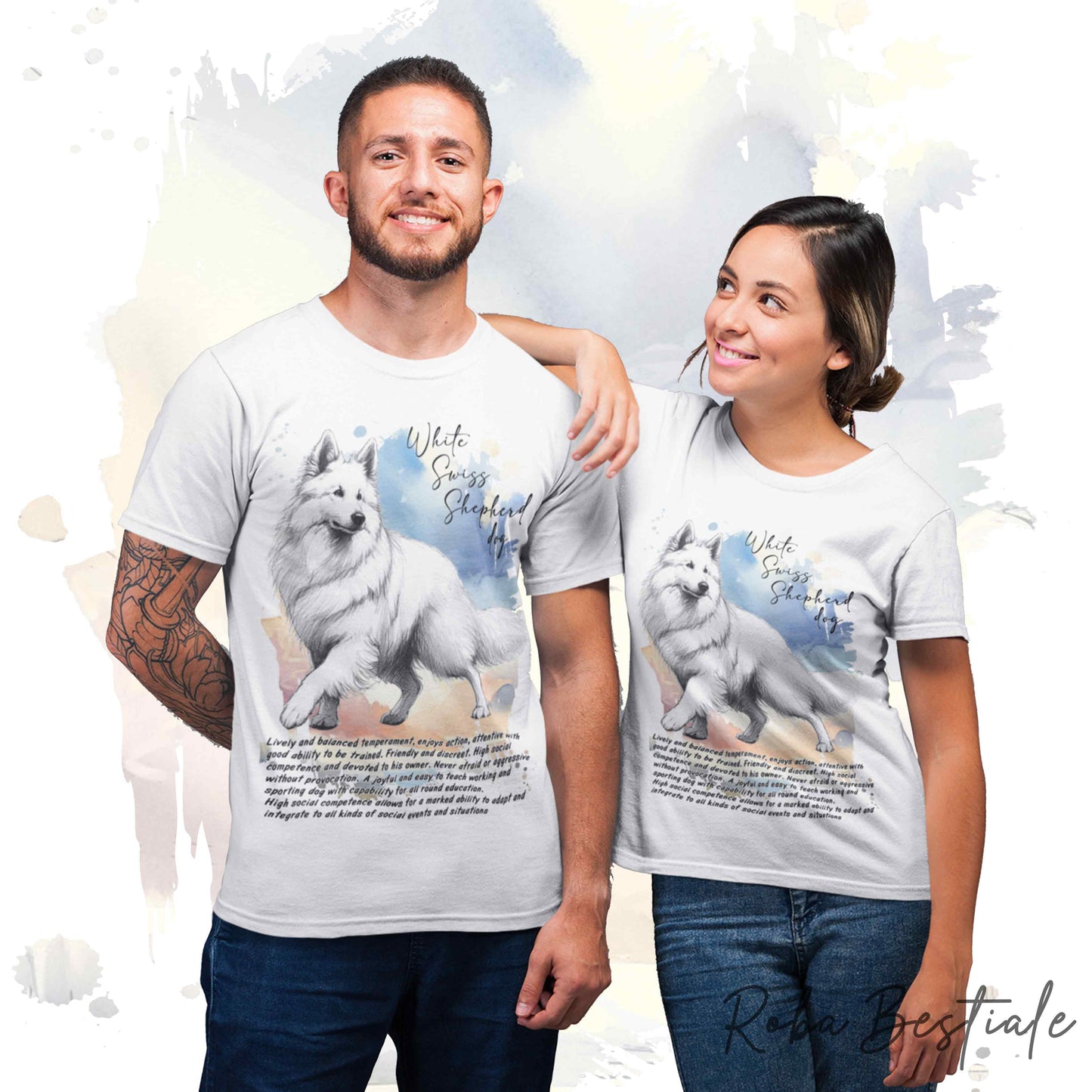 T-Shirt BEHAVIOR - PASTORE SVIZZERO BIANCO - Standard FCI - 100% Cotone, Bianca, Uomo o Donna - dalla XS alla 5XL