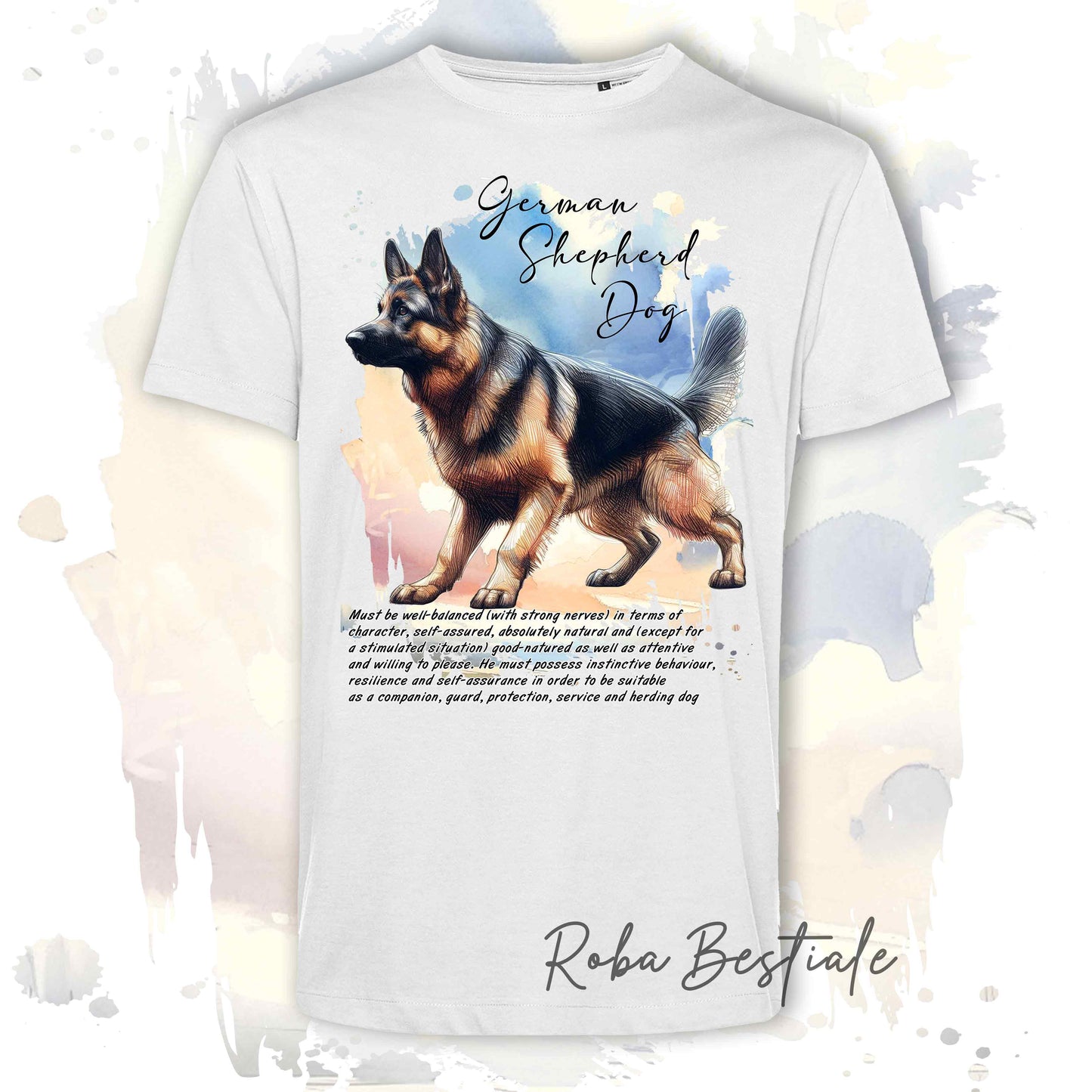 T-Shirt BEHAVIOR - PASTORE TEDESCO - Standard FCI - 100% Cotone, Bianca, Uomo o Donna - dalla XS alla 5XL