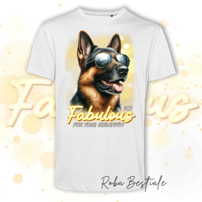 T-Shirt TOO FABULOUS - PASTORE TEDESCO a Pelo Corto - 100% Cotone, Bianca, Uomo o Donna - dalla XS alla 5XL