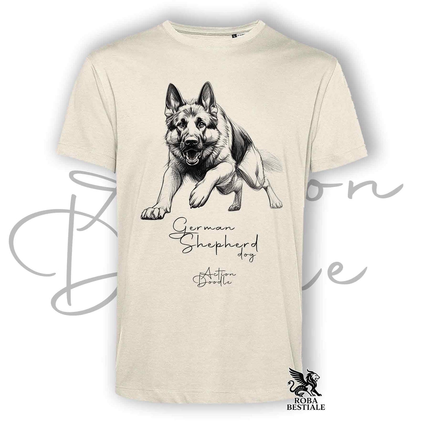 T-Shirt ACTION DOODLE - PASTORE TEDESCO - Bianca o Beige, da Uomo o da Donna - dalla XS alla 5XL