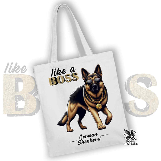 Tote Bag LIKE A BOSS - PASTORE TEDESCO a Pelo Corto - 100% Cotone - Bianca o Beige