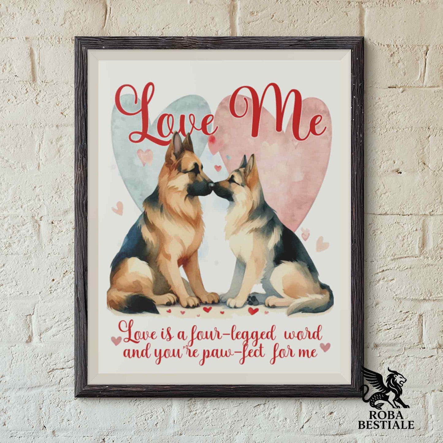 Quadretto LOVE ME - PASTORE TEDESCO a Pelo Corto Nero Focato - Con cornice in legno, formato A4
