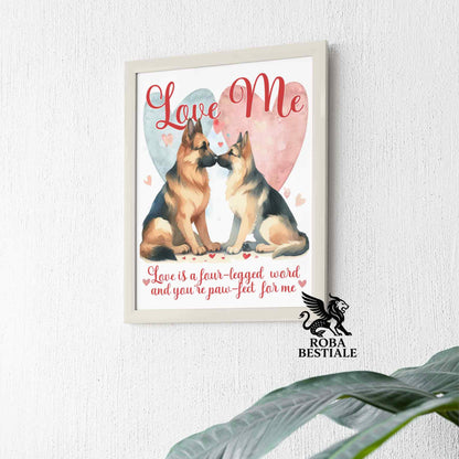 Quadretto LOVE ME - PASTORE TEDESCO a Pelo Corto Nero Focato - Con cornice in legno, formato A4