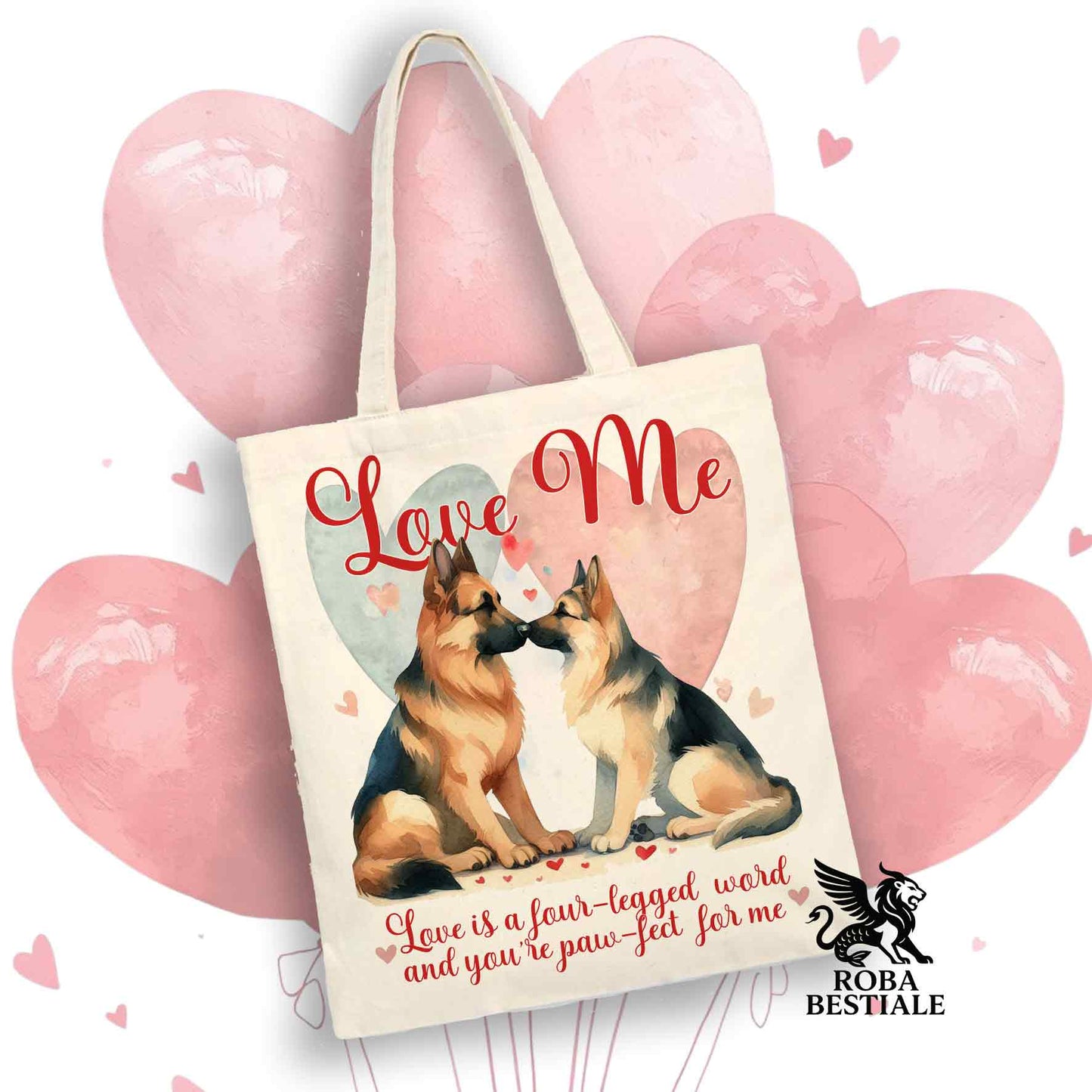 Tote Bag LOVE ME - PASTORE TEDESCO a Pelo Corto Nero Focato - 100% Cotone - Bianca o Beige