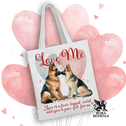 Tote Bag LOVE ME - PASTORE TEDESCO a Pelo Corto Nero Focato - 100% Cotone - Bianca o Beige