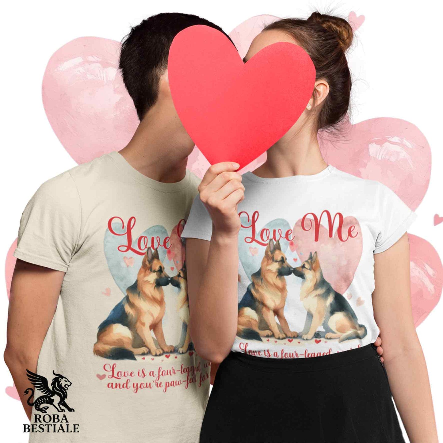 T-shirt LOVE ME - PASTORE TEDESCO a Pelo Corto Nero Focato - Bianca o Beige, Uomo o Donna - dalla XS alla 5XL