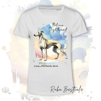 T-Shirt BEHAVIOR - PICCOLO LEVRIERO ITALIANO Isabella - Standard FCI - 100% Cotone, Bianca, Uomo o Donna - dalla XS alla 5XL