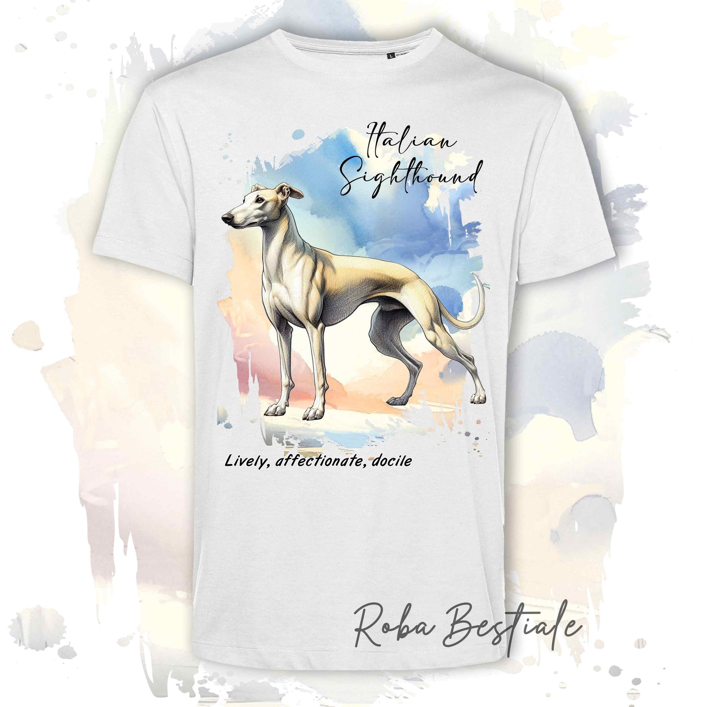 T-Shirt BEHAVIOR - PICCOLO LEVRIERO ITALIANO Isabella - Standard FCI - 100% Cotone, Bianca, Uomo o Donna - dalla XS alla 5XL