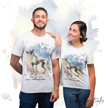 T-Shirt BEHAVIOR - PICCOLO LEVRIERO ITALIANO Isabella - Standard FCI - 100% Cotone, Bianca, Uomo o Donna - dalla XS alla 5XL