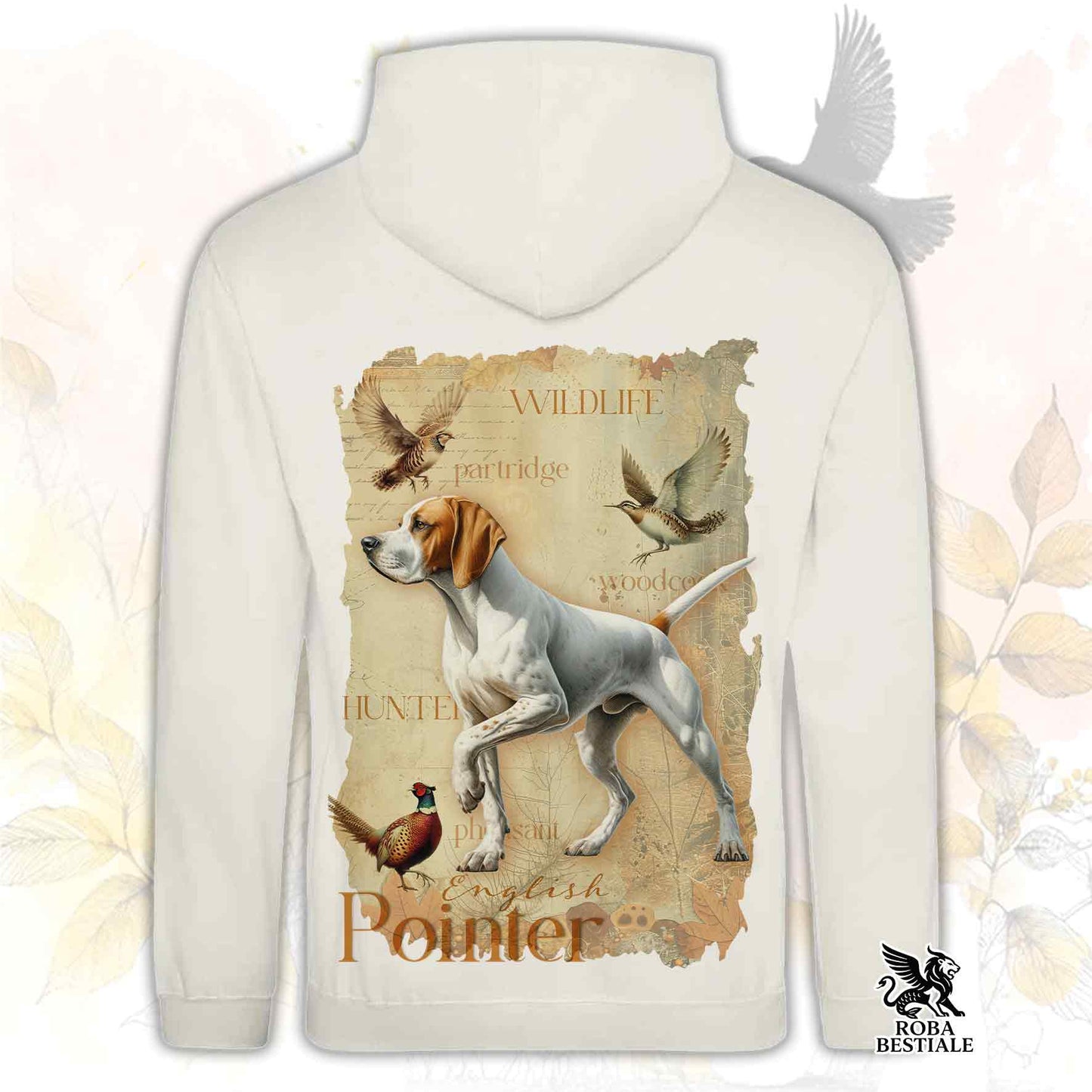 Felpa FIELD LEGACY - POINTER INGLESE Bianco e Arancio - Con Cappuccio e Tasconi, Unisex - dalla XS alla 3XL