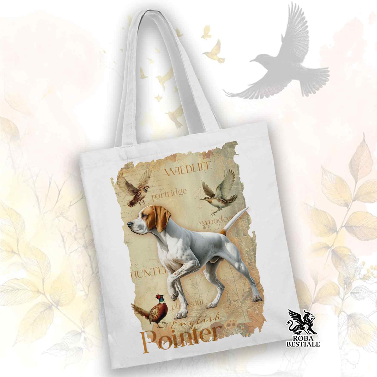 Tote Bag FIELD LEGACY - POINTER INGLESE Bianco e Arancio - 100% Cotone - Bianca o Beige