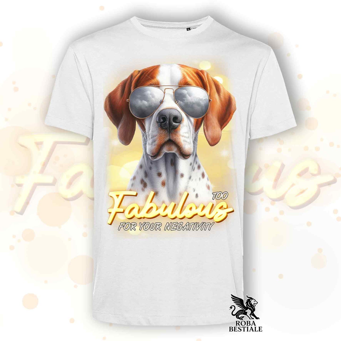 T-Shirt TOO FABULOUS - POINTER INGLESE Bianco e Arancio - 100% Cotone, Bianca o Beige, Uomo o Donna - dalla XS alla 5XL
