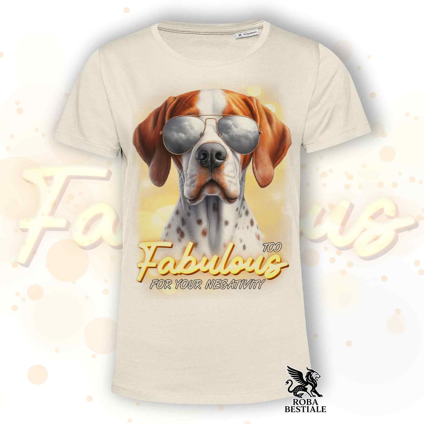 T-Shirt TOO FABULOUS - POINTER INGLESE Bianco e Arancio - 100% Cotone, Bianca o Beige, Uomo o Donna - dalla XS alla 5XL