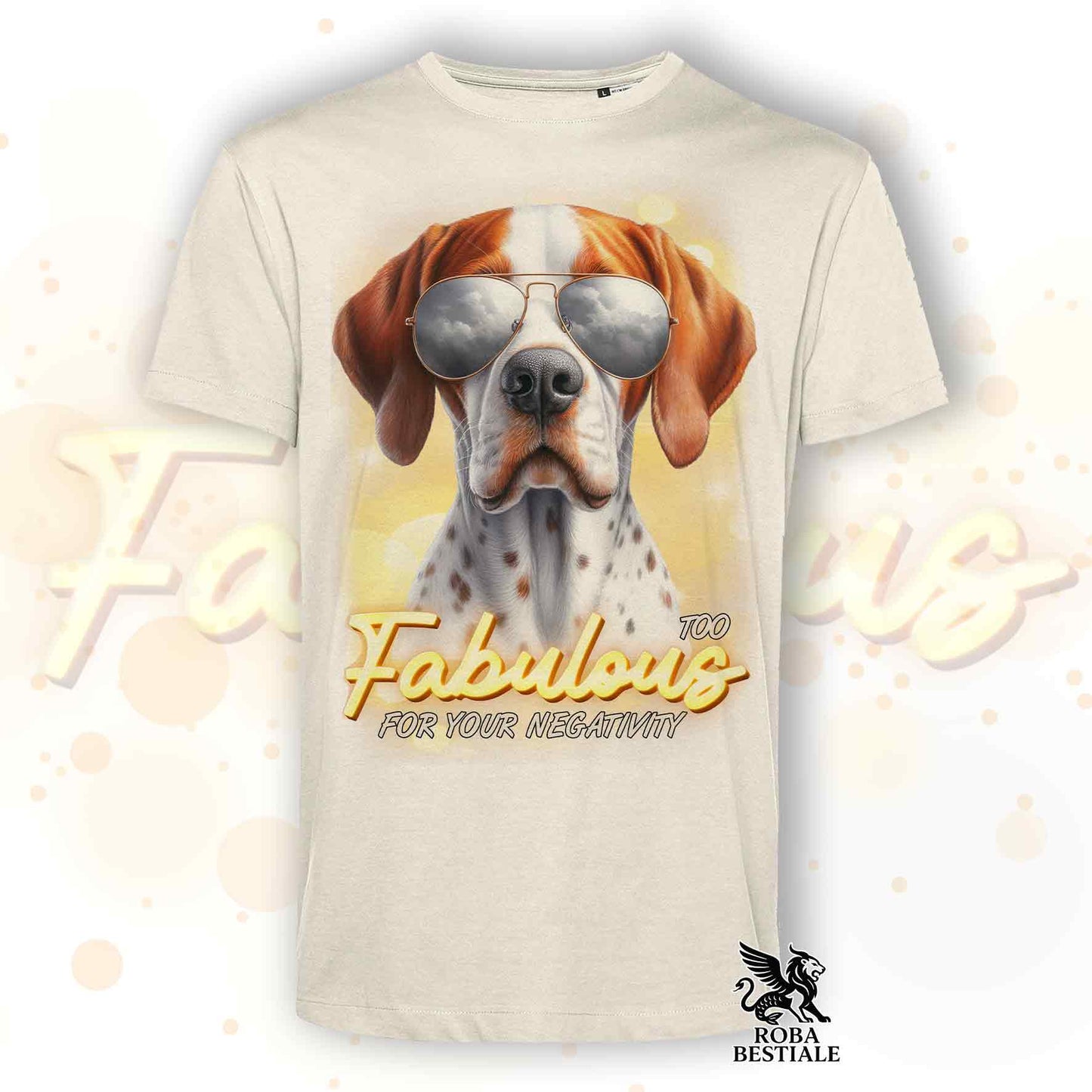 T-Shirt TOO FABULOUS - POINTER INGLESE Bianco e Arancio - 100% Cotone, Bianca o Beige, Uomo o Donna - dalla XS alla 5XL