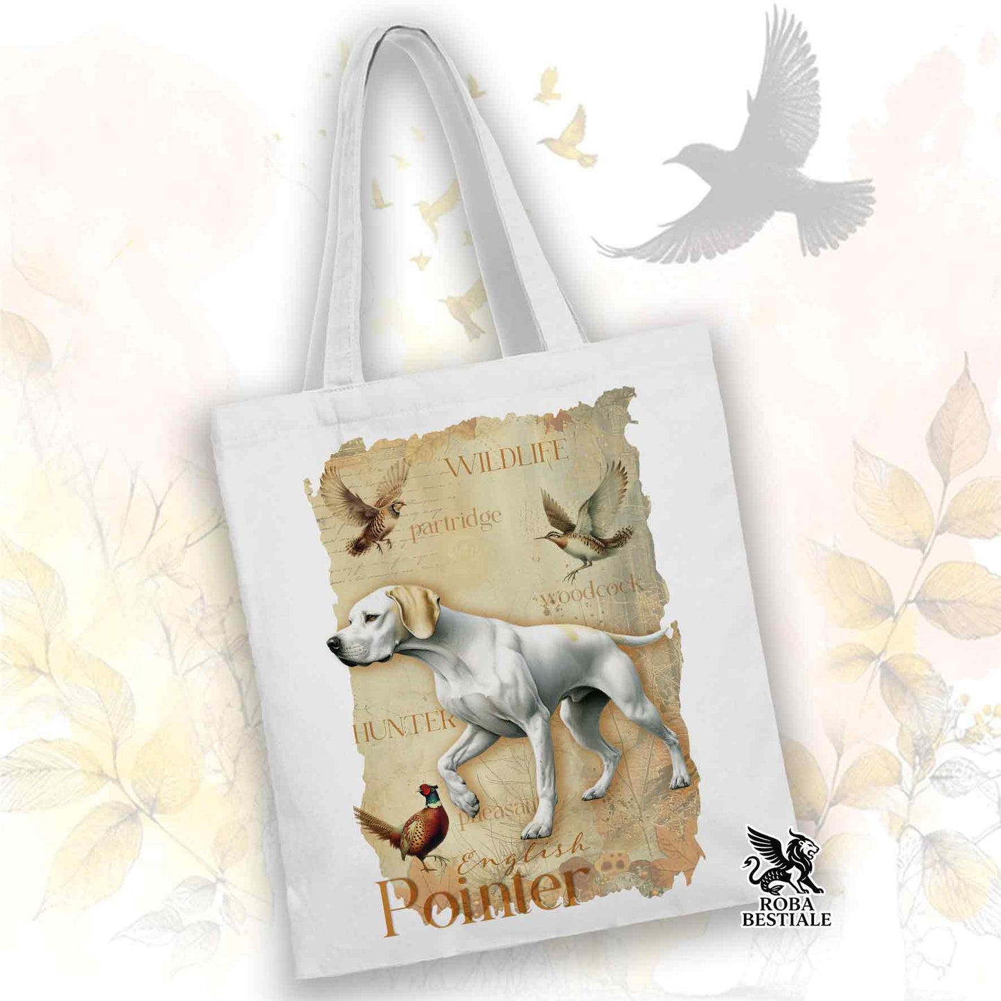 Tote Bag FIELD LEGACY - POINTER INGLESE Bianco e Limone - 100% Cotone - Bianca o Beige