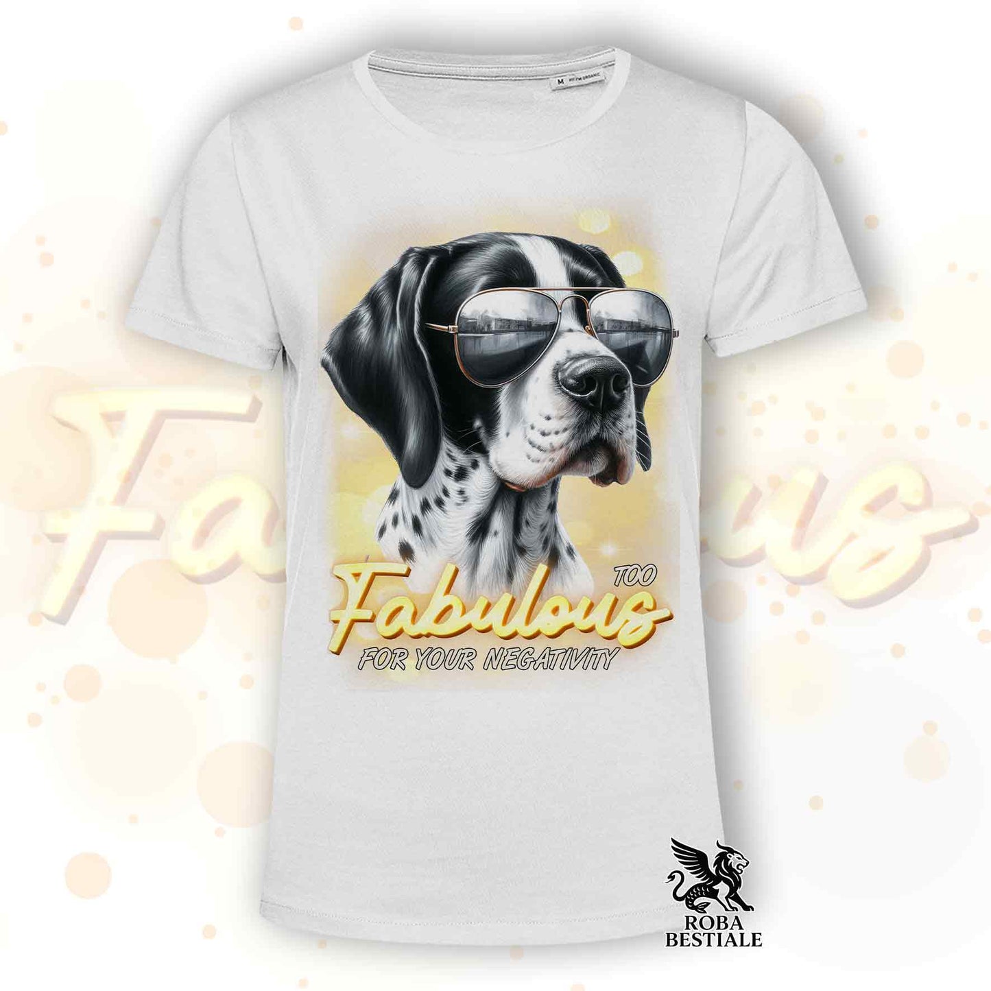 T-Shirt TOO FABULOUS - POINTER INGLESE Bianco e Nero - 100% Cotone, Bianca o Beige, Uomo o Donna - dalla XS alla 5XL
