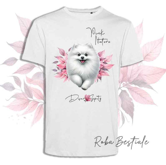 T-Shirt PINK NATURE - SPITZ TEDESCO NANO - POMERANIA Bianco - Uomo o Donna - dalla XS alla 5XL