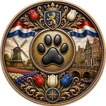 Un badge che identifica i Paesi Bassi come paese d'origine di cani di diverse razze