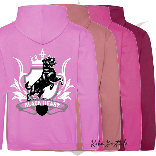 Felpa BLACK HEART Kennel - Tanti toni di ROSA! Felpata internamente, con Cappuccio - dalla XS alla 5XL