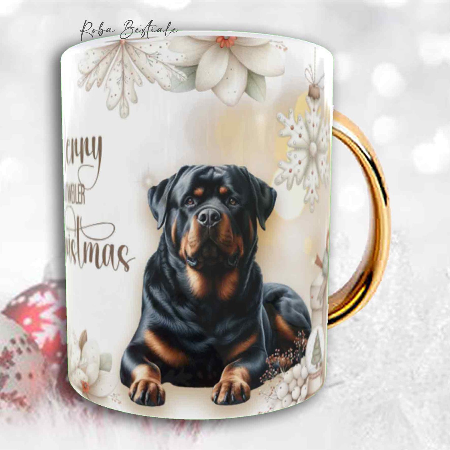 Tazza COZY WINTER - ROTTWEILER - In Ceramica, con manico color Oro - 330 ml