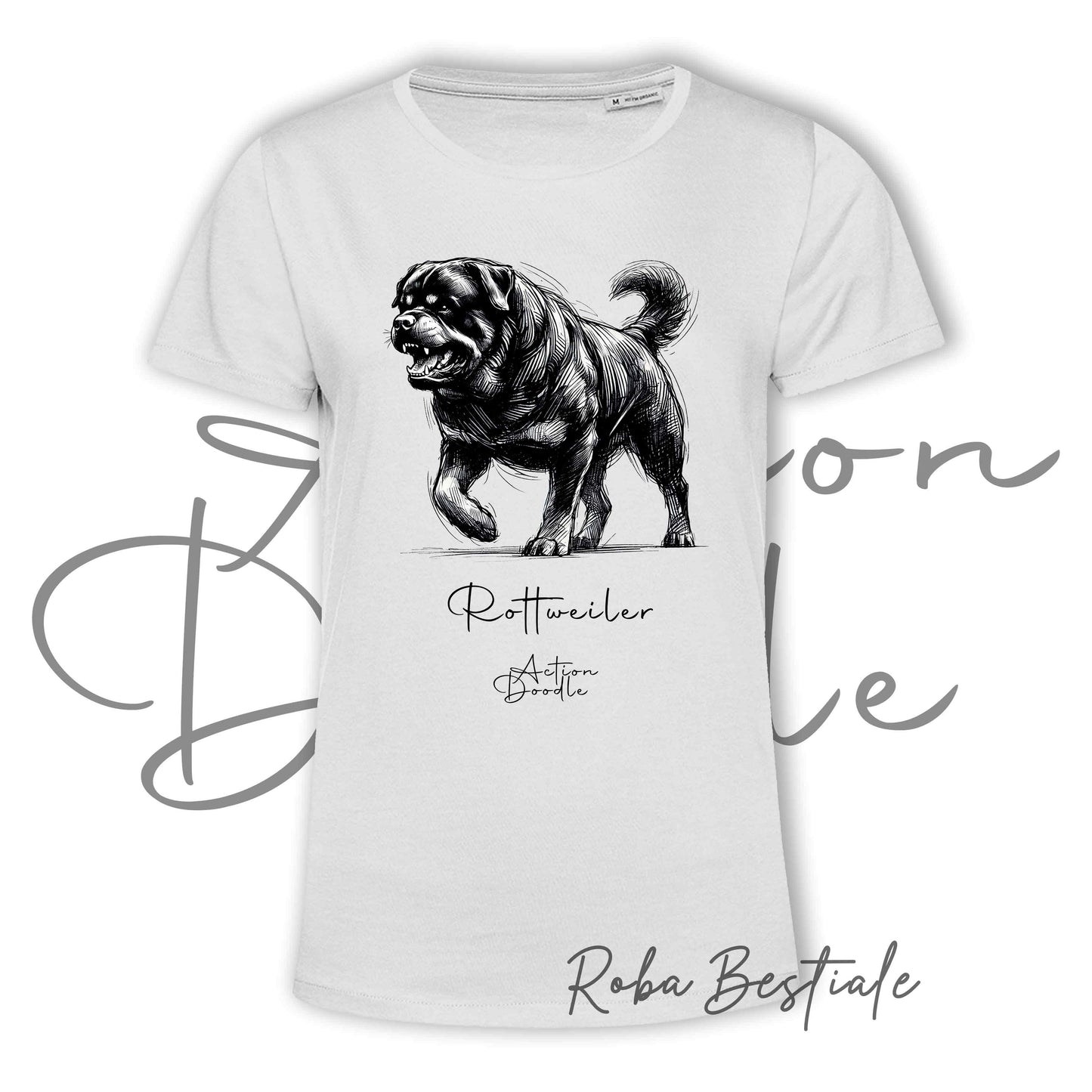 T-Shirt ACTION DOODLE - ROTTWEILER 1 - 100% Cotone, Bianca, Uomo o Donna - dalla XS alla 5XL
