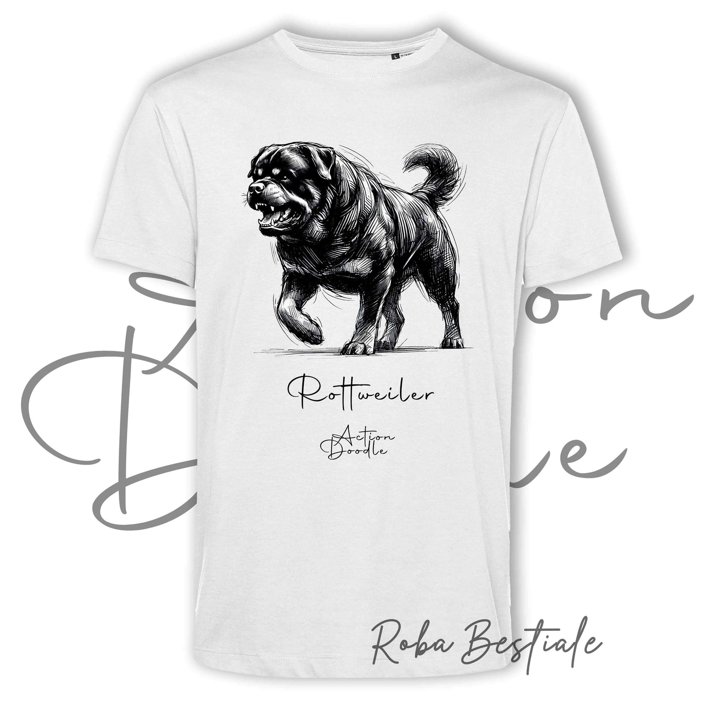 T-Shirt ACTION DOODLE - ROTTWEILER 1 - 100% Cotone, Bianca, Uomo o Donna - dalla XS alla 5XL