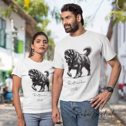 T-Shirt ACTION DOODLE - ROTTWEILER 1 - 100% Cotone, Bianca, Uomo o Donna - dalla XS alla 5XL