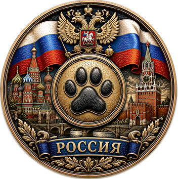 Un badge che identifica la Russia come paese d'origine di cani di diverse razze