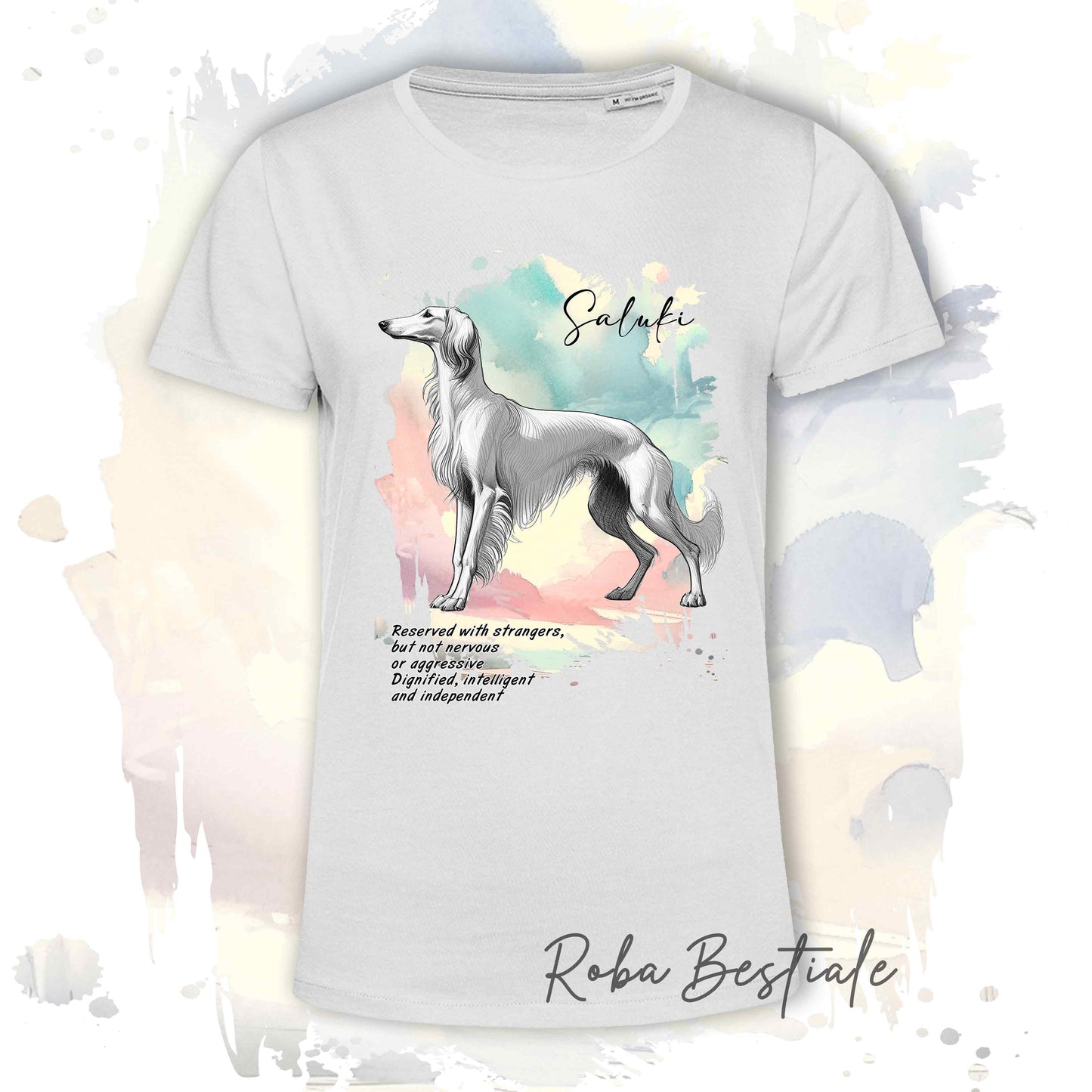 T-Shirt BEHAVIOR - SALUKI Bianco - Standard FCI - 100% Cotone, Bianca, Uomo o Donna - dalla XS alla 5XL