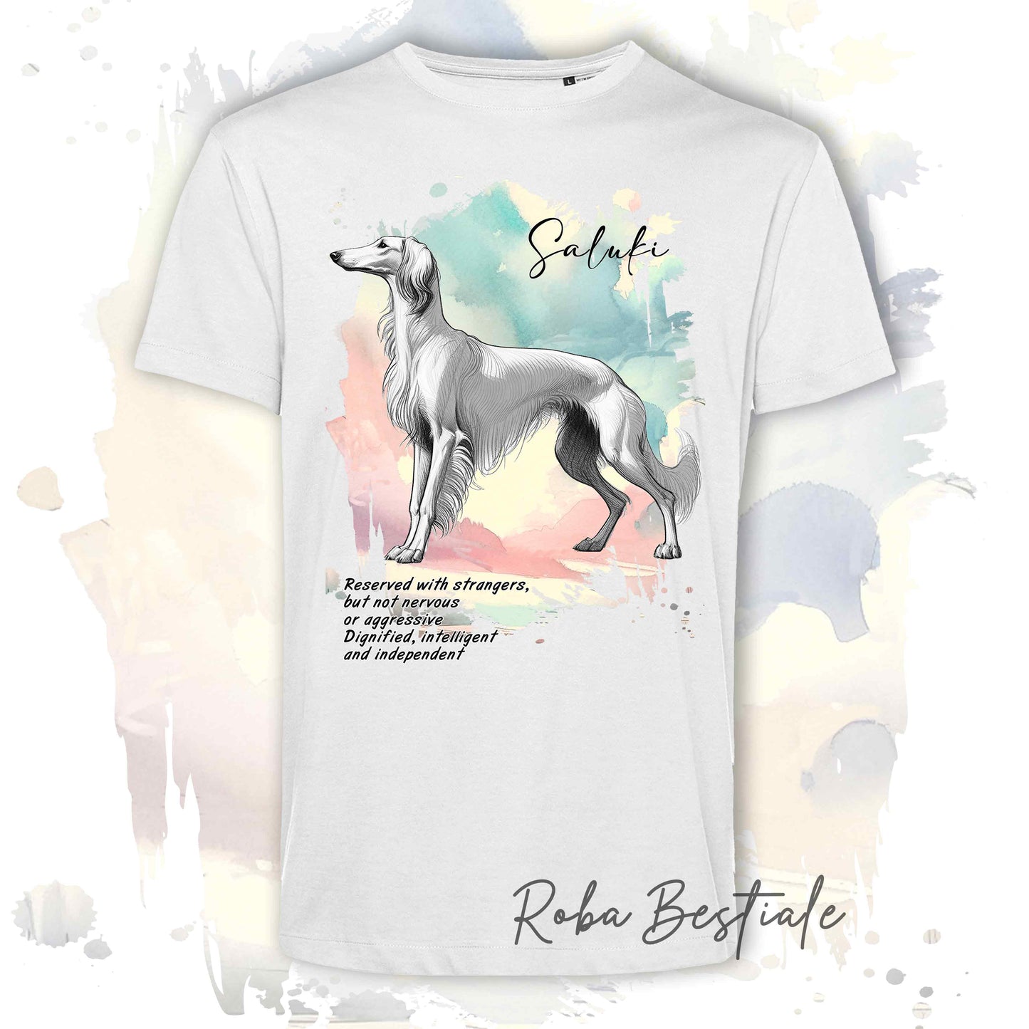T-Shirt BEHAVIOR - SALUKI Bianco - Standard FCI - 100% Cotone, Bianca, Uomo o Donna - dalla XS alla 5XL