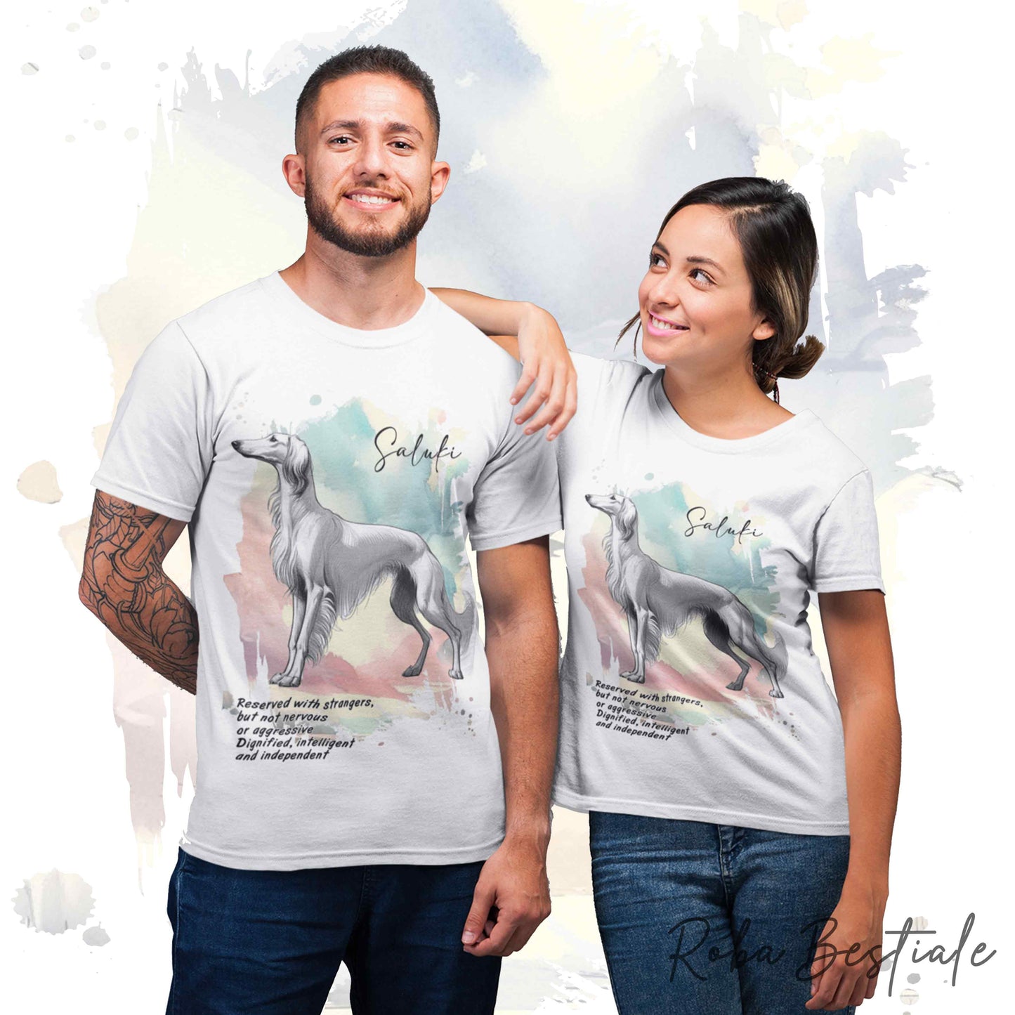 T-Shirt BEHAVIOR - SALUKI Bianco - Standard FCI - 100% Cotone, Bianca, Uomo o Donna - dalla XS alla 5XL