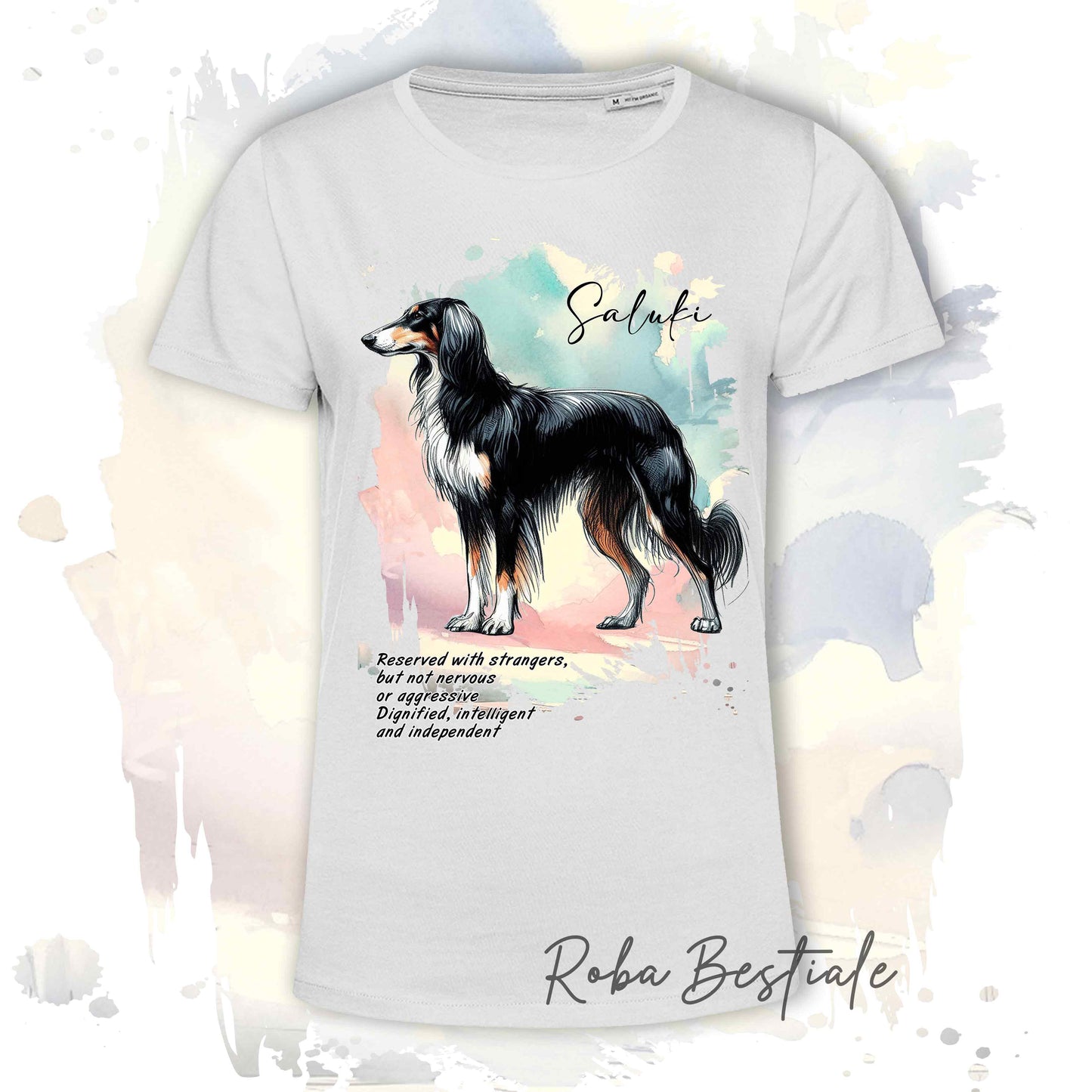 T-Shirt BEHAVIOR - SALUKI Black Tricolor  - Standard FCI - 100% Cotone, Bianca, Uomo o Donna - dalla XS alla 5XL