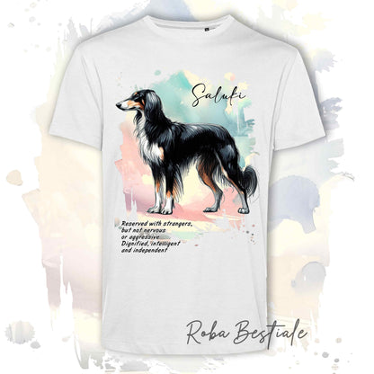 T-Shirt BEHAVIOR - SALUKI Black Tricolor  - Standard FCI - 100% Cotone, Bianca, Uomo o Donna - dalla XS alla 5XL