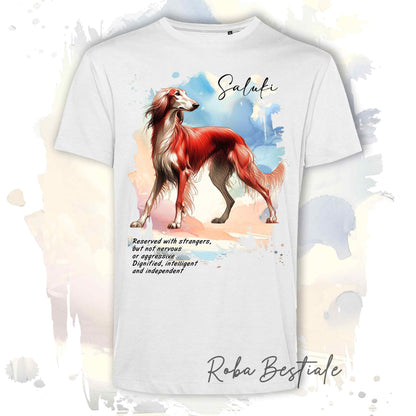 T-Shirt BEHAVIOR - SALUKI Rosso  - Standard FCI - 100% Cotone, Bianca, Uomo o Donna - dalla XS alla 5XL