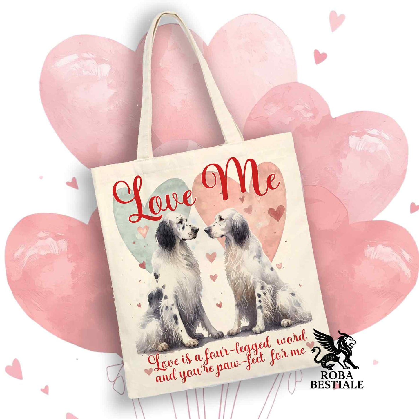 Tote Bag LOVE ME - SETTER INGLESE Blue Belton - 100% Cotone - Bianca o Beige